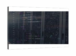 Displaying server cabinets with blinking LED lights in data center, showing cybersecurity HTML code