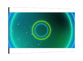 Emitting concentric neon rings creating blue green glow in space, with star-shaped particles
