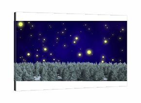 Image of glowing spot lights over christmas trees in winter scenery