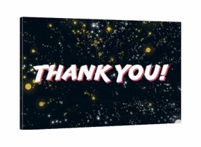 Displaying bold uppercase THANK YOU! text centered on navy star field, with gold and white sparkles