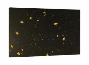 Floating oversized golden star-shaped confetti pieces drifting across starry sky, with lens flares