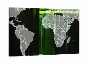 Flashing green LED lights illuminating server rack cabinets in data center, with world map overlay