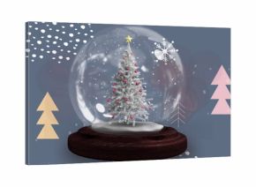 Image of snow globe with christmas tree and shooting star with snow falling