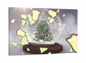 Multiple christmas tree icons falling against shooting star around a christmas tree in a snow globe