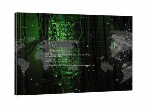 Server rack pulsing LED lights illuminating datacenter with command-line text and dotted world map