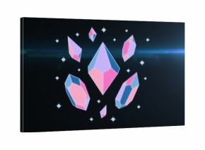 Floating seven faceted pink and lilac crystals glowing in dark digital void with star-like sparkles