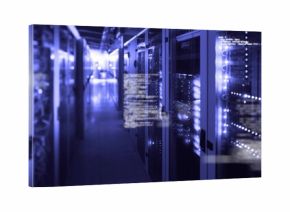 Displaying server racks with glass-door panels, LED lights, cables in data center with code overlay