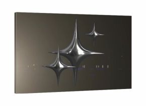 Rendering three chrome star shapes floating in dark gradient space, with bright white lens flare