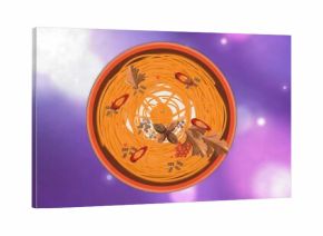 Presenting bowl with noodles on purple bokeh background, with chili slices, peppercorns, star anise