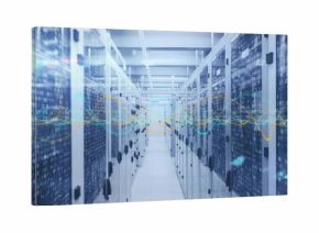 Streaming binary data floating through data center corridor, with LED status lights on server racks