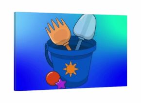 Displaying blue bucket with sun emblem on gradient, orange rake, blue shovel, red ball, purple star