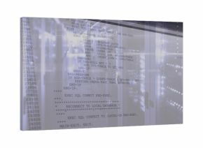 Displaying translucent code column overlaying server racks, showing LED status lights and glass