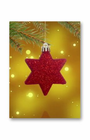 Image of red star baubles over snow falling background