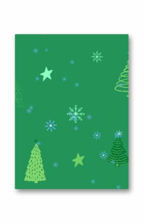 Image of blue snowflakes falling over christmas tree and star icons against green background