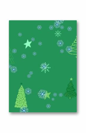 Image of blue snowflakes falling over christmas tree and star icons against green background