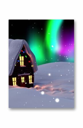 Image of house, snow falling and aurora borealis in christmas winter scenery background