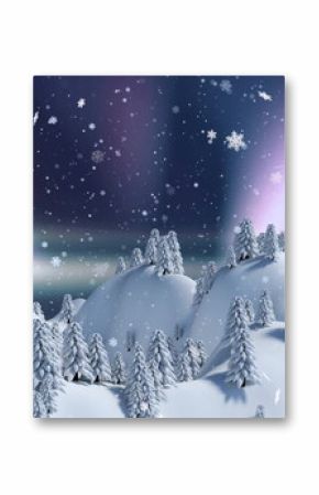 Image of snow falling and aurora borealis in christmas winter scenery background