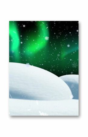 Image of snow falling and aurora borealis in christmas winter scenery background