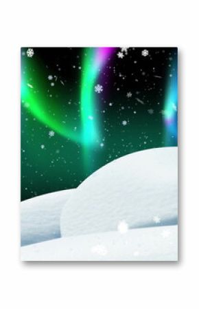 Image of snow falling and aurora borealis in christmas winter scenery background