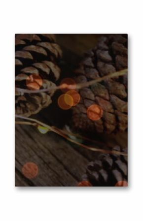 Image of christmas pine cones decorations with glowing lights