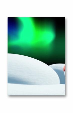 Image of christmas snow man moving over aurora borealis on black background