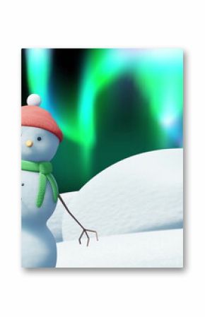 Image of christmas snow man moving over aurora borealis on black background