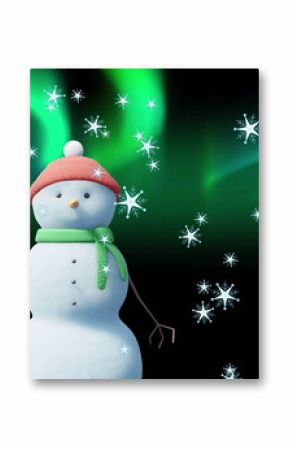 Image of christmas snow man moving over aurora borealis and snow falling on black background