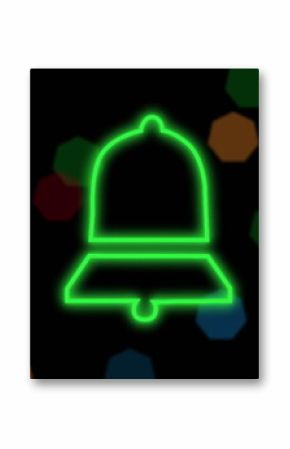 Image of neon bell and christmas fairy lights flickering over black background