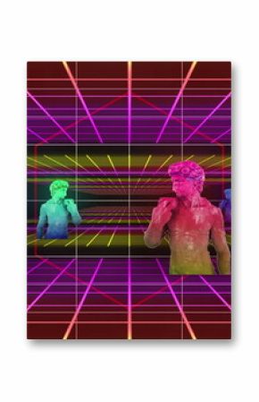 Colorful statues in neon grid image, creating retro-futuristic aesthetic