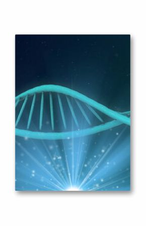 Image of dna strand and glowing lights on blue background
