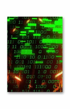 Binary code image over neon lights and abstract shapes
