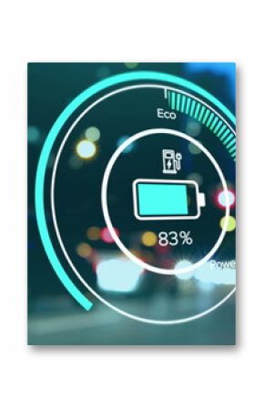 Image of electric car battery charging and digital data processing overcity lights