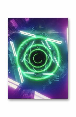 Image of green neon circular scanner processing over spinning lights