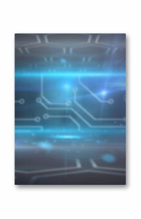 Image of circuit board elements with network of hexagons and glowing lights