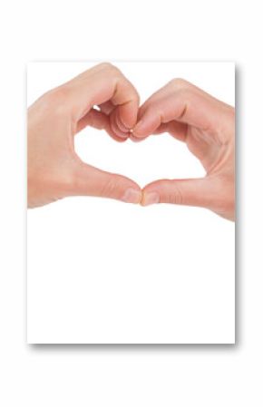 Image of hands of caucasian woman making heart shape with fingers