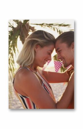 Image of heart icons over couple in love on beach