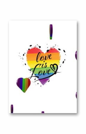 Image of rainbow hearts over love is love text on white background
