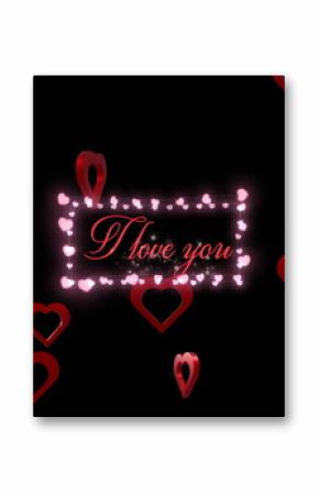 Image of i love you text over red hearts and light spots on black background