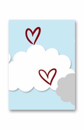 Image of red hearts and clouds on blue background