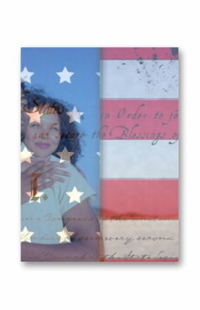 Image of american flag and constitution over happy diverse couple embracing on sunny beach