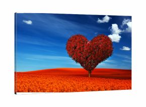 Heart shape tree with red leaves on red flower field. Love