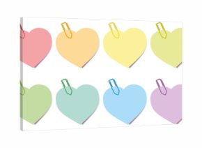 Sticky notes - heart shaped colored notepads with paperclips. Isolated vector illustration over white background.