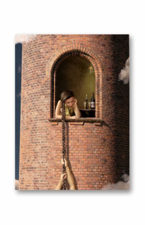 Rapunzel is waiting for her lover in a high tower.