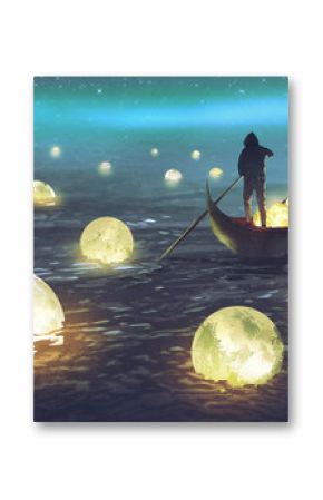 Człowiek na łodzi wśród wielu świecących księżyców unoszących się na morzu nocą fantasy na wymiar