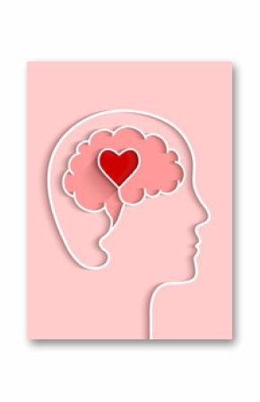 Head and brain outline with heart concept. Vector illustration in flat design with shadow on light pink background.