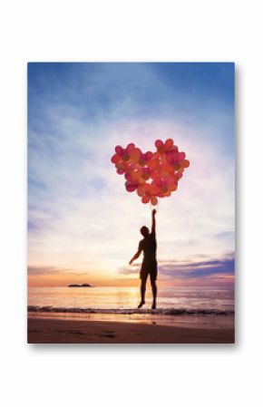 Kindness and love concept, child flying with heart from balloons.