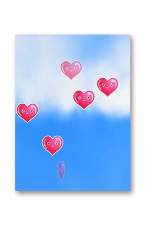 Image of hearts floating over sky and clouds
