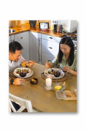 Mature couple enjoying dinner with wine at home, sharing cozy meal together