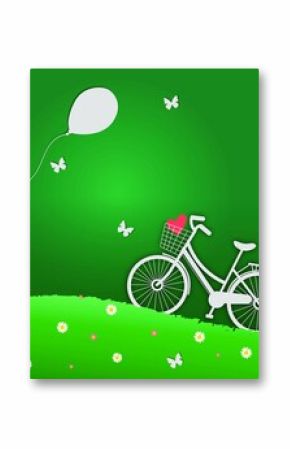 White bicycle silhouette is resting on daisy-covered hill in flat design, with red heart in basket