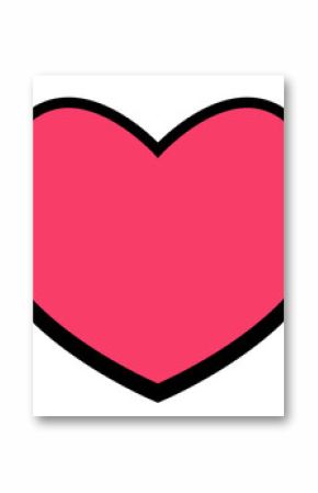 Red heart icon is floating in flat design with black outline, white border, transparent background
